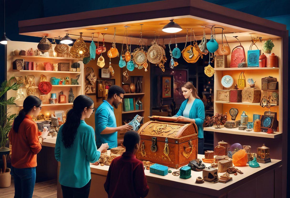 A dynamic digital marketplace scene with diverse people engaging with unique products, showcasing a vibrant array of items including handmade crafts, tech gadgets, and vintage collectibles. In the background, an abstract depiction of a key unlocking a treasure chest filled with opportunities, emphasizing the concept of 'unlocking potential'. Bright colors and a sense of motion to convey excitement. super-realistic. vibrant colors. 3D.