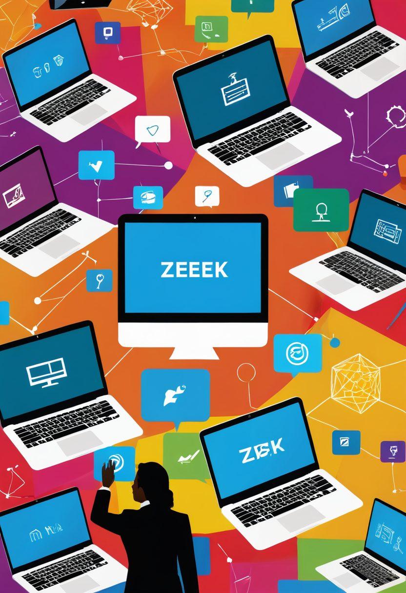 A digital collage representing the Zeekler community with diverse individuals collaborating around technology tools and solutions. Include images of laptops, communication devices, and charts symbolizing success. Incorporate vibrant colors to convey energy and positivity, with a backdrop that hints at a digital network or interconnectedness. modern illustration. vibrant colors. 3D.
