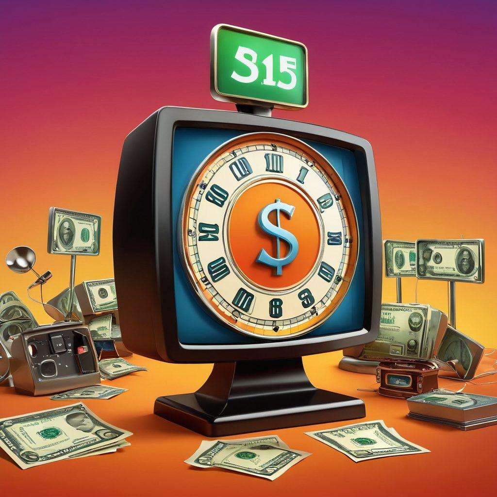 An illustrated scene of a dynamic online auction with a vibrant digital screen showcasing various items like electronics and antiques, balanced by a diverse group of enthusiastic bidders engaging in a bidding war. Incorporate elements of excitement such as animated dollar signs and countdown timers, set against a warm, inviting background that conveys opportunity and community. vector art. vibrant colors. 3D elements.